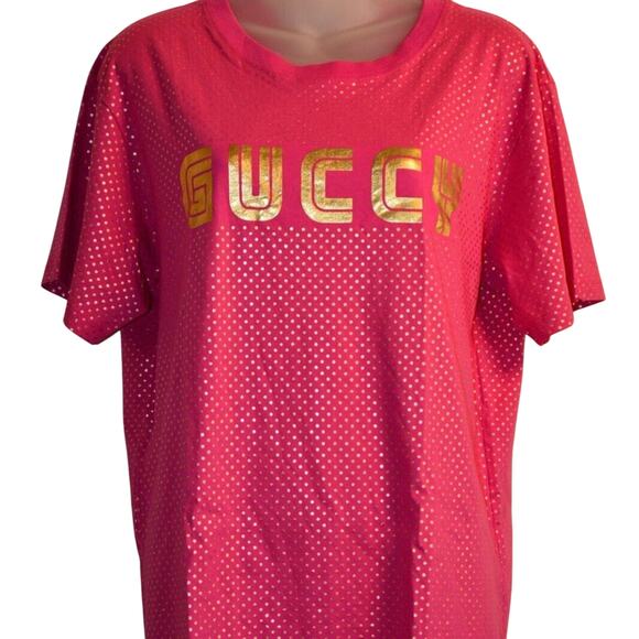 Gucci Sega Guccy Pink L Shirt Logo Pink Gold Stars Short Sleeve Unisex EUC - Picture 1 of 12